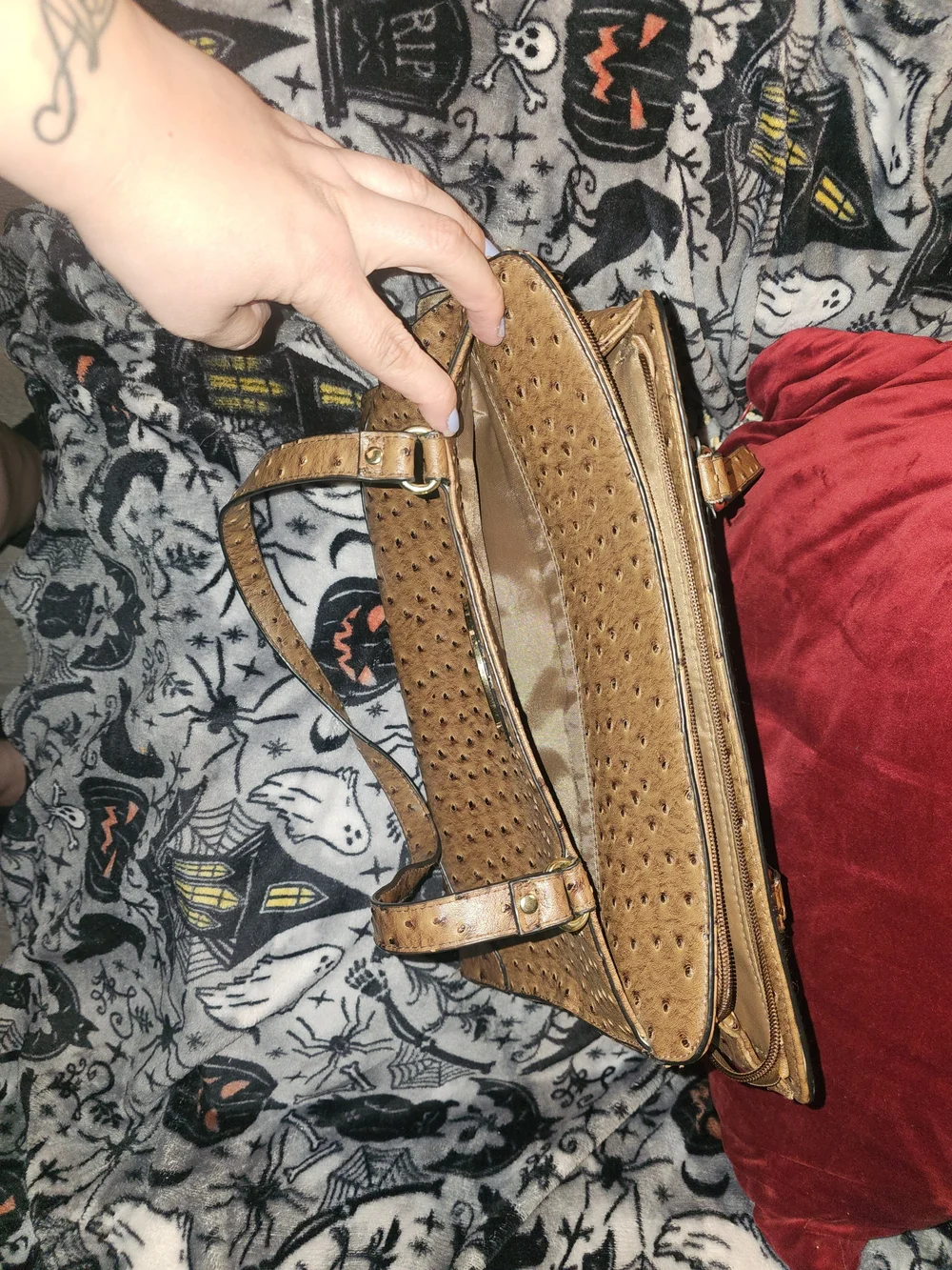 Tan Ostrich-Texture Shoulder Bag with Gold Medallion Accent
